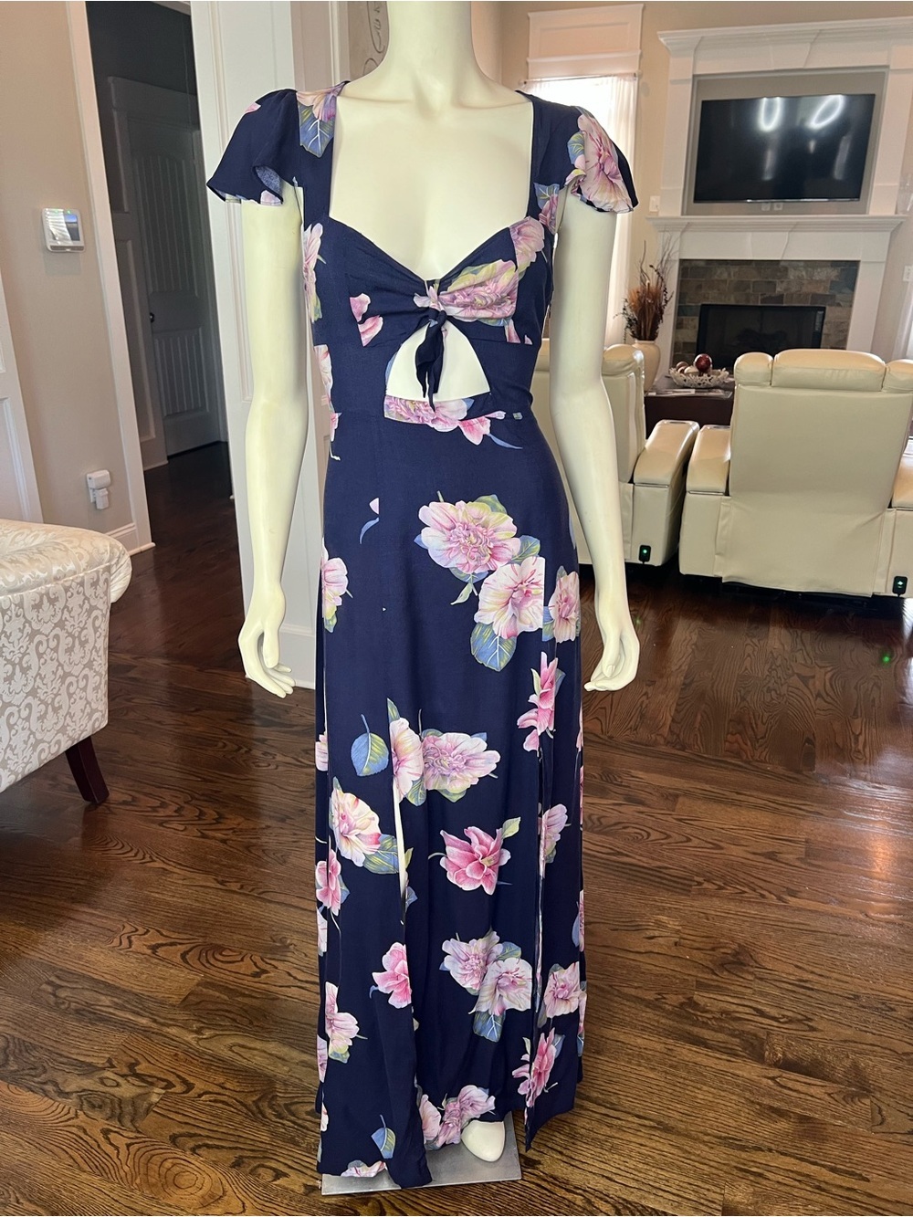 Reformation Navy Floral Tie-Front Maxi Dress with Pink Blooms